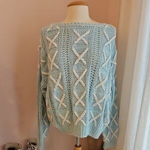 Vintage Cable Knit Hand Knit Claiborn Size L 100% Cotton Baby Blue Sweater